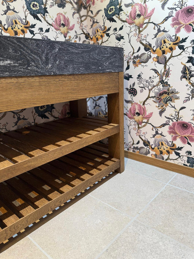 Maidstone: second vanity unit in the cloakroom, set against House of Hackney wallpaper